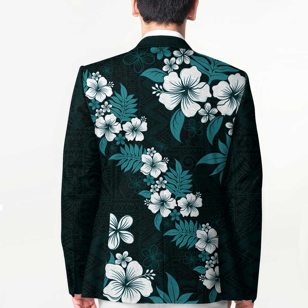 Hawaiian Hibiscus Tribal Floral Teal Blazer Polynesian Tapa Pattern - Polynesian Pride