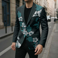 Hawaiian Hibiscus Tribal Floral Teal Blazer Polynesian Tapa Pattern - Polynesian Pride