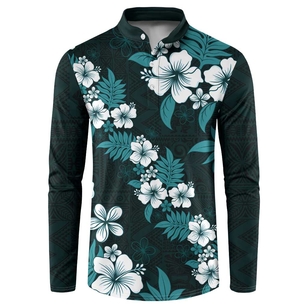 Hawaiian Hibiscus Tribal Floral Teal Button Sweatshirt Polynesian Tapa Pattern - Polynesian Pride