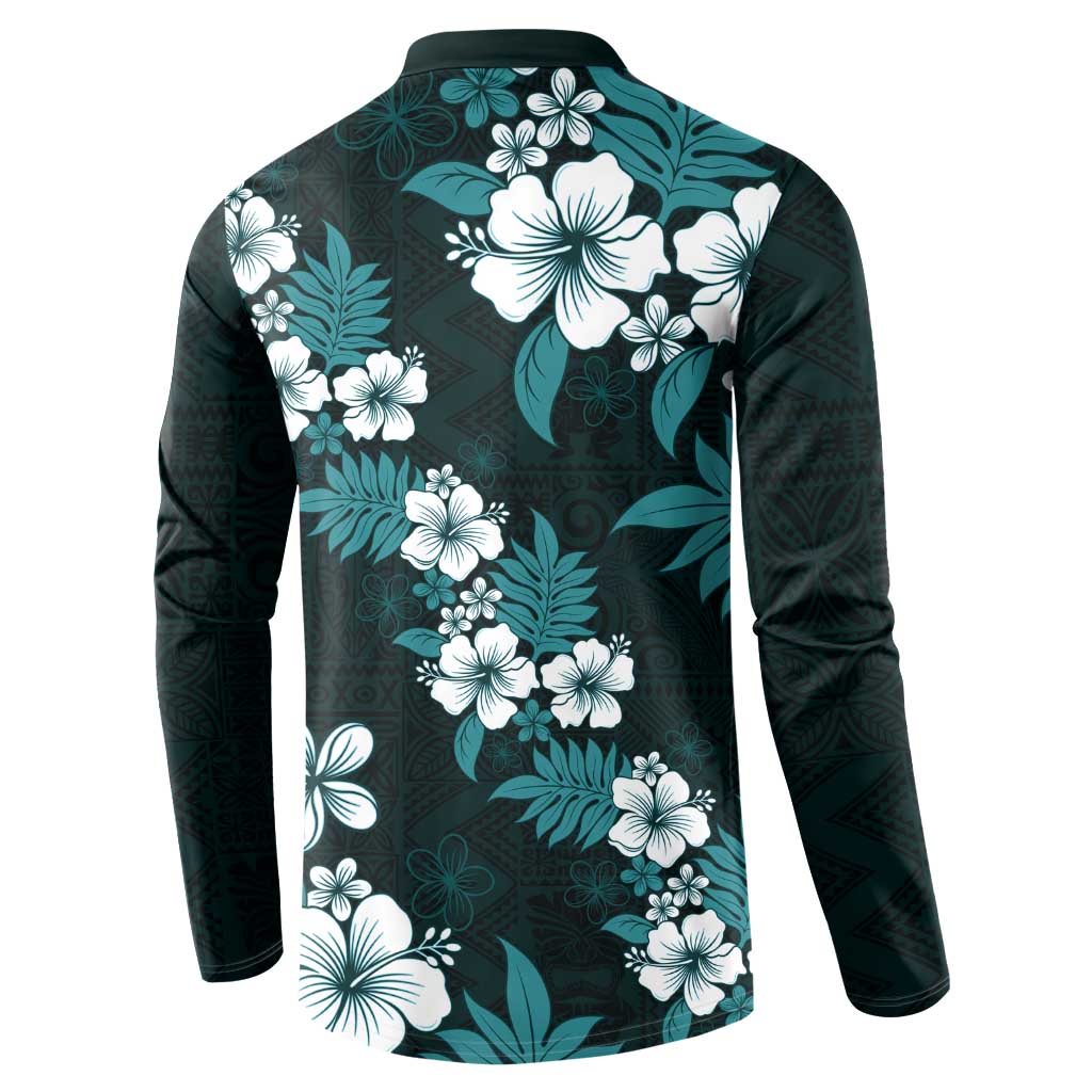 Hawaiian Hibiscus Tribal Floral Teal Button Sweatshirt Polynesian Tapa Pattern - Polynesian Pride