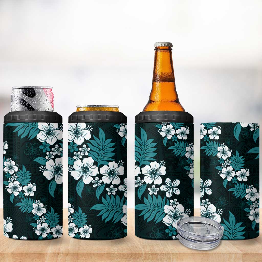 Hawaiian Hibiscus Tribal Floral Teal 4 in 1 Can Cooler Tumbler Polynesian Tapa Pattern - Polynesian Pride