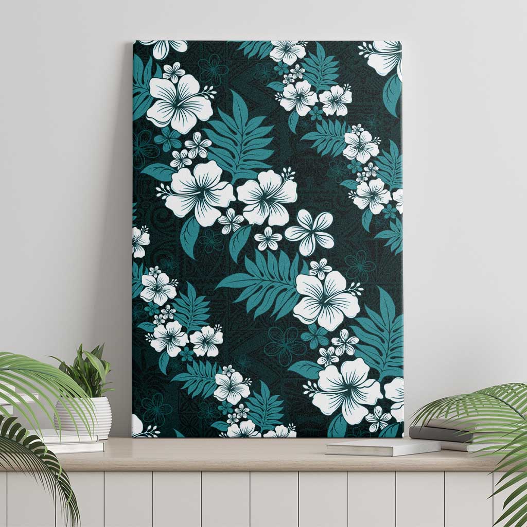 Hawaiian Hibiscus Tribal Floral Teal Canvas Wall Art Polynesian Tapa Pattern - Polynesian Pride