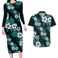 Hawaiian Hibiscus Tribal Floral Teal Couples Matching Long Sleeve Bodycon Dress and Hawaiian Shirt Polynesian Tapa Pattern - Polynesian Pride