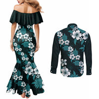 Hawaiian Hibiscus Tribal Floral Teal Couples Matching Mermaid Dress and Long Sleeve Button Shirt Polynesian Tapa Pattern - Polynesian Pride