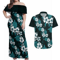 Hawaiian Hibiscus Tribal Floral Teal Couples Matching Off Shoulder Maxi Dress and Hawaiian Shirt Polynesian Tapa Pattern - Polynesian Pride