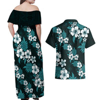 Hawaiian Hibiscus Tribal Floral Teal Couples Matching Off Shoulder Maxi Dress and Hawaiian Shirt Polynesian Tapa Pattern - Polynesian Pride