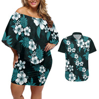 Hawaiian Hibiscus Tribal Floral Teal Couples Matching Off Shoulder Short Dress and Hawaiian Shirt Polynesian Tapa Pattern - Polynesian Pride
