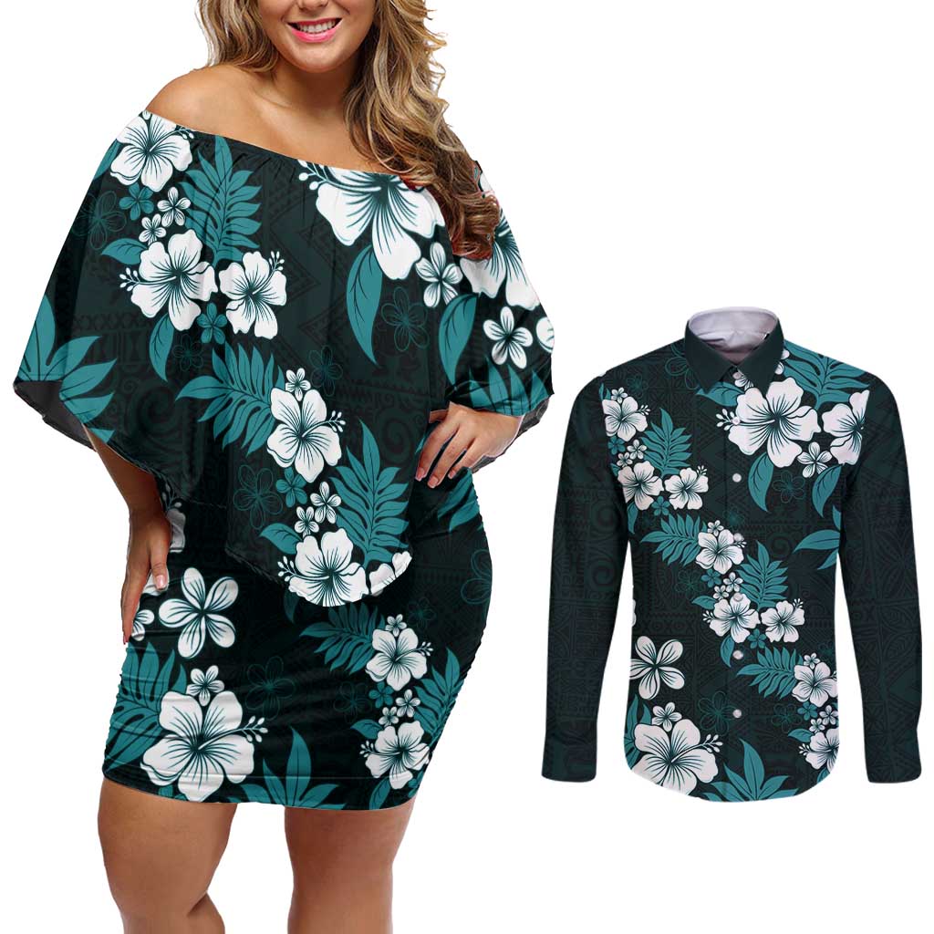 Hawaiian Hibiscus Tribal Floral Teal Couples Matching Off Shoulder Short Dress and Long Sleeve Button Shirt Polynesian Tapa Pattern - Polynesian Pride