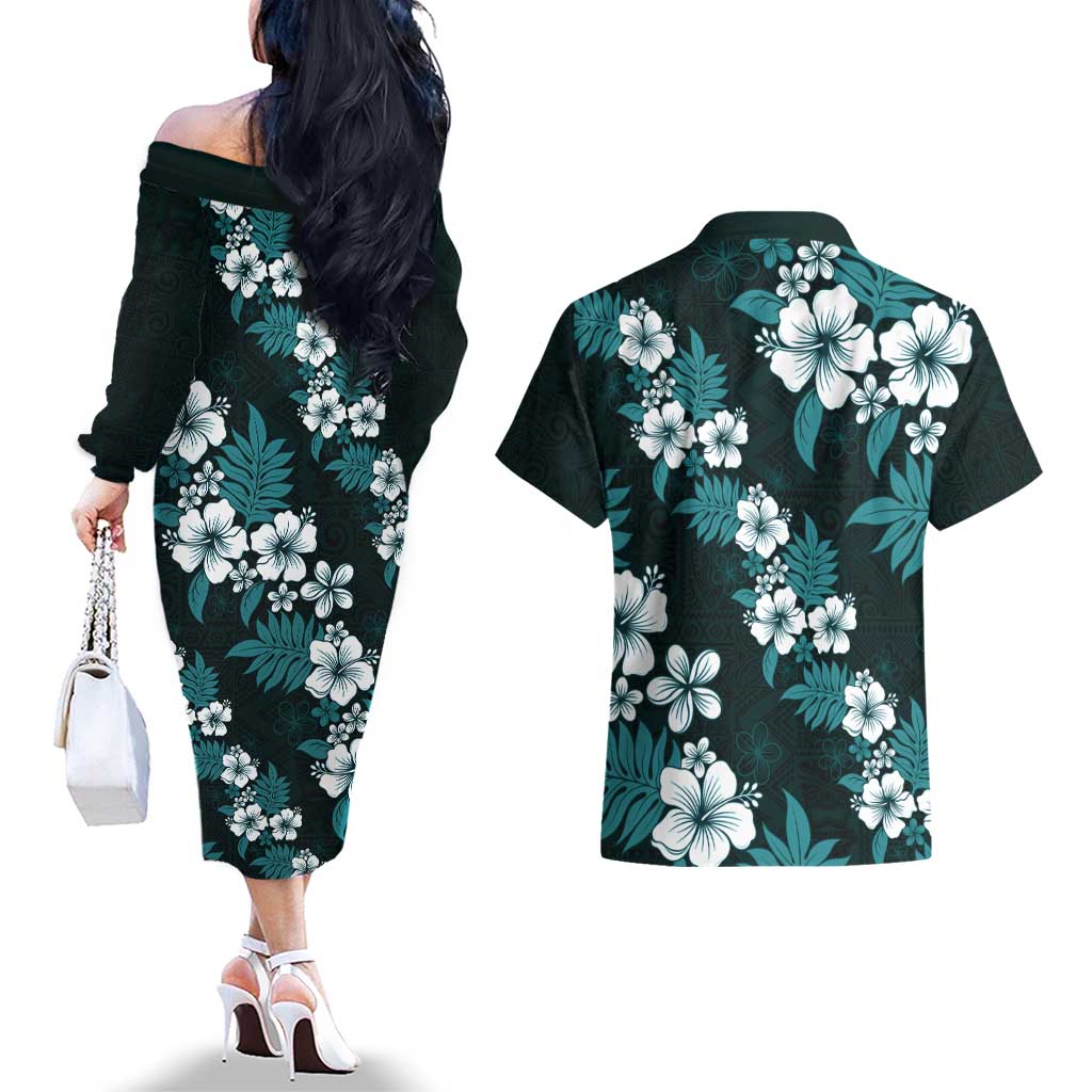 Hawaiian Hibiscus Tribal Floral Teal Couples Matching Off The Shoulder Long Sleeve Dress and Hawaiian Shirt Polynesian Tapa Pattern - Polynesian Pride
