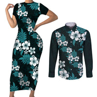 Hawaiian Hibiscus Tribal Floral Teal Couples Matching Short Sleeve Bodycon Dress and Long Sleeve Button Shirt Polynesian Tapa Pattern - Polynesian Pride