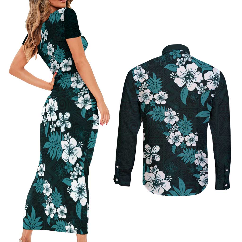 Hawaiian Hibiscus Tribal Floral Teal Couples Matching Short Sleeve Bodycon Dress and Long Sleeve Button Shirt Polynesian Tapa Pattern - Polynesian Pride