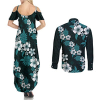 Hawaiian Hibiscus Tribal Floral Teal Couples Matching Summer Maxi Dress and Long Sleeve Button Shirt Polynesian Tapa Pattern - Polynesian Pride