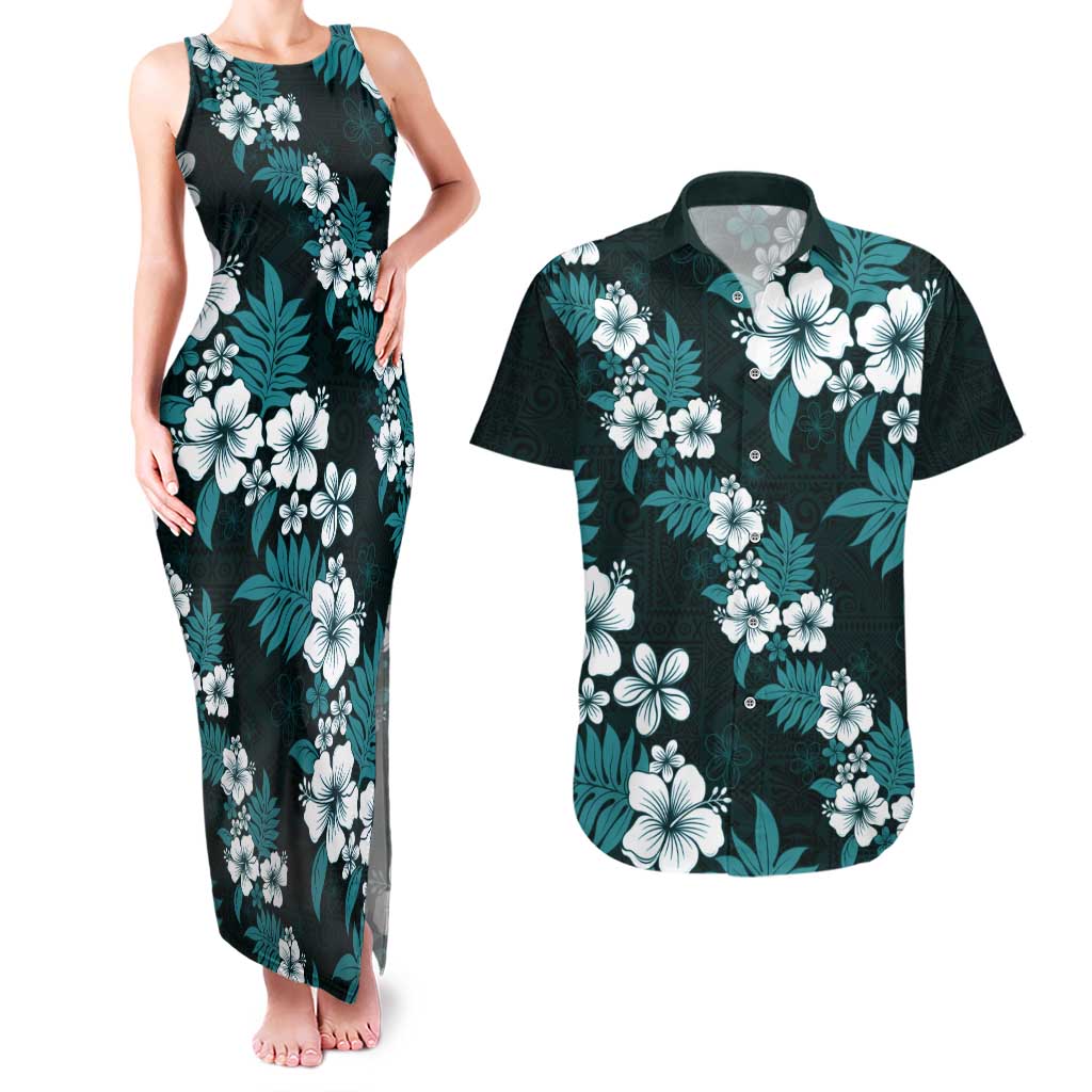 Hawaiian Hibiscus Tribal Floral Teal Couples Matching Tank Maxi Dress and Hawaiian Shirt Polynesian Tapa Pattern - Polynesian Pride