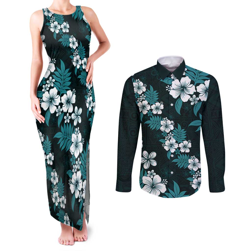Hawaiian Hibiscus Tribal Floral Teal Couples Matching Tank Maxi Dress and Long Sleeve Button Shirt Polynesian Tapa Pattern - Polynesian Pride