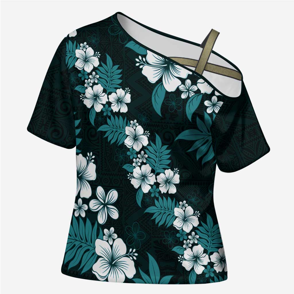 Hawaiian Hibiscus Tribal Floral Teal Cross Shoulder Shirt Polynesian Tapa Pattern - Polynesian Pride