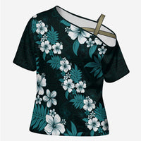 Hawaiian Hibiscus Tribal Floral Teal Cross Shoulder Shirt Polynesian Tapa Pattern - Polynesian Pride