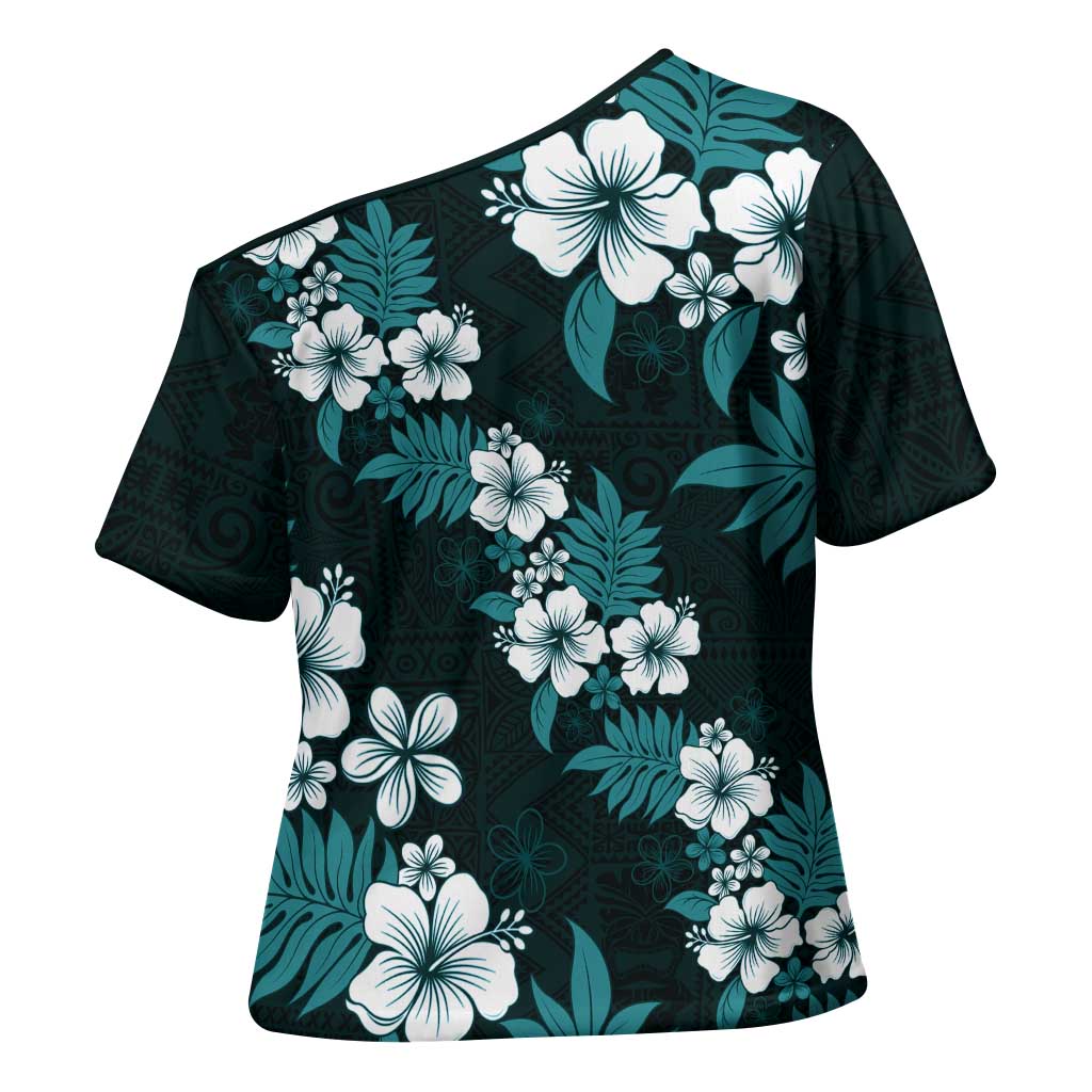 Hawaiian Hibiscus Tribal Floral Teal Cross Shoulder Shirt Polynesian Tapa Pattern - Polynesian Pride