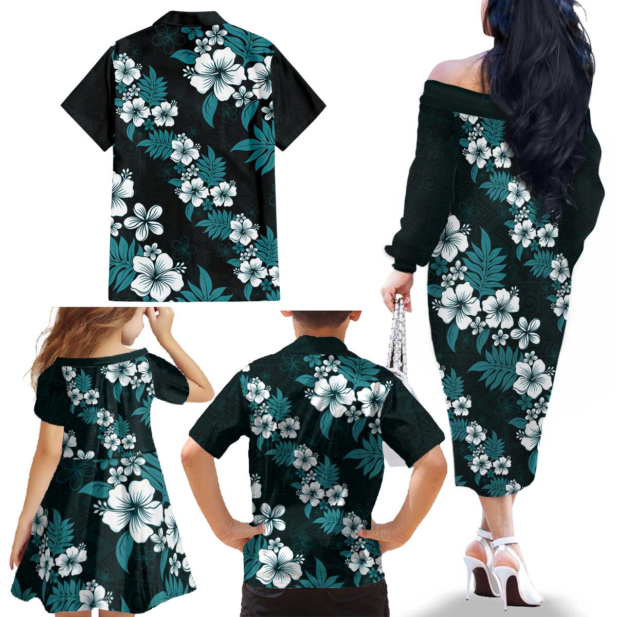 Hawaiian Hibiscus Tribal Floral Teal Family Matching Off The Shoulder Long Sleeve Dress and Hawaiian Shirt Polynesian Tapa Pattern - Polynesian Pride