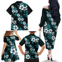 Hawaiian Hibiscus Tribal Floral Teal Family Matching Off The Shoulder Long Sleeve Dress and Hawaiian Shirt Polynesian Tapa Pattern - Polynesian Pride