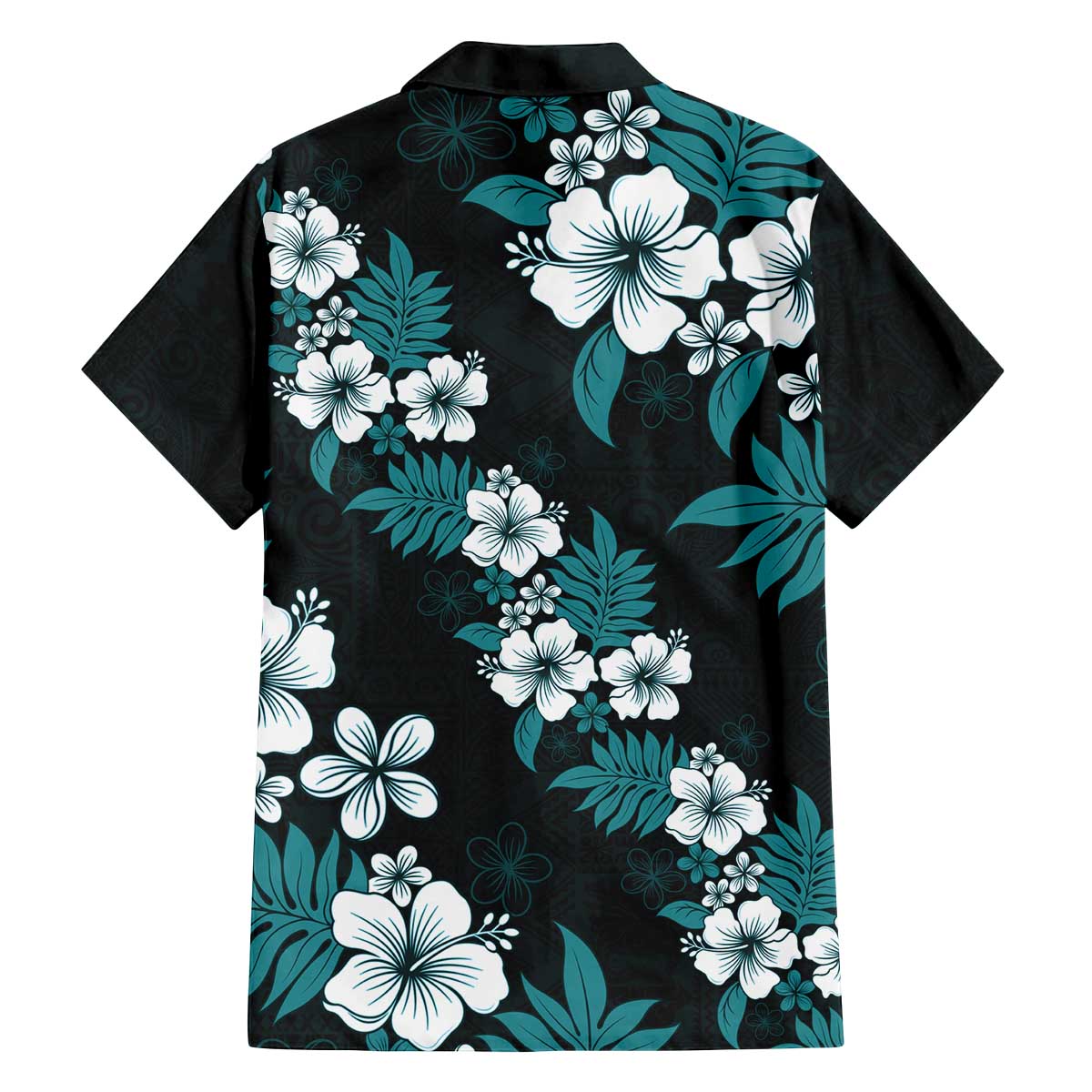 Hawaiian Hibiscus Tribal Floral Teal Family Matching Off The Shoulder Long Sleeve Dress and Hawaiian Shirt Polynesian Tapa Pattern - Polynesian Pride