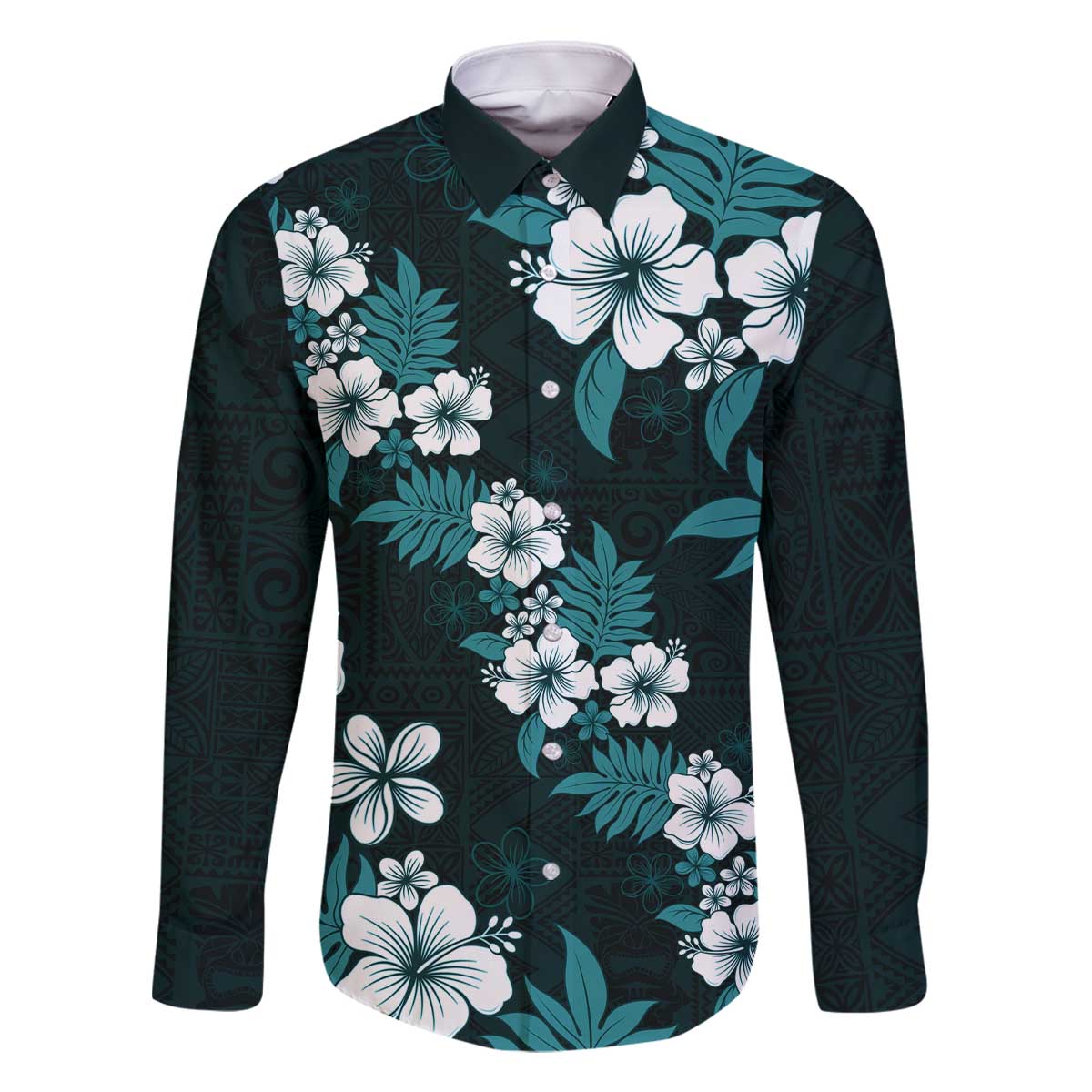 Hawaiian Hibiscus Tribal Floral Teal Family Matching Off The Shoulder Long Sleeve Dress and Hawaiian Shirt Polynesian Tapa Pattern - Polynesian Pride