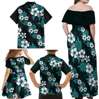 Hawaiian Hibiscus Tribal Floral Teal Family Matching Off Shoulder Maxi Dress and Hawaiian Shirt Polynesian Tapa Pattern - Polynesian Pride