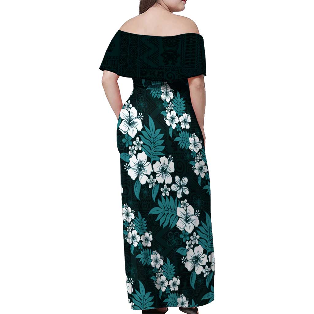 Hawaiian Hibiscus Tribal Floral Teal Family Matching Off Shoulder Maxi Dress and Hawaiian Shirt Polynesian Tapa Pattern - Polynesian Pride