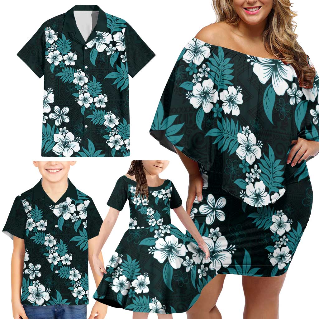 Hawaiian Hibiscus Tribal Floral Teal Family Matching Off Shoulder Short Dress and Hawaiian Shirt Polynesian Tapa Pattern - Polynesian Pride