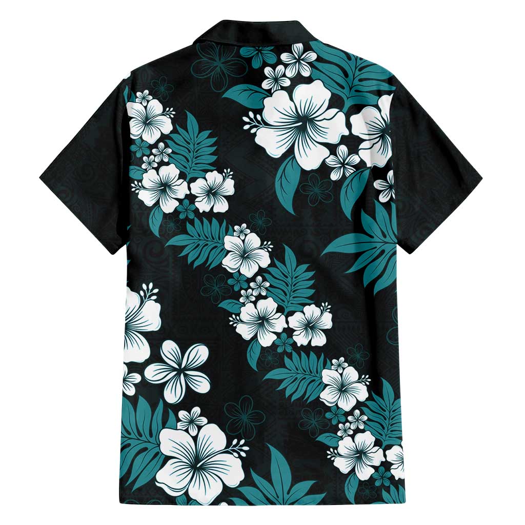 Hawaiian Hibiscus Tribal Floral Teal Family Matching Off Shoulder Short Dress and Hawaiian Shirt Polynesian Tapa Pattern - Polynesian Pride