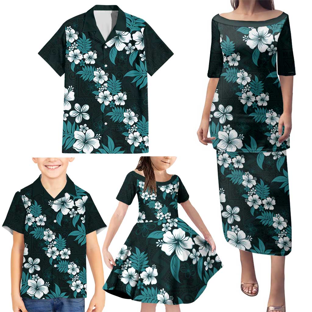 Hawaiian Hibiscus Tribal Floral Teal Family Matching Puletasi and Hawaiian Shirt Polynesian Tapa Pattern - Polynesian Pride