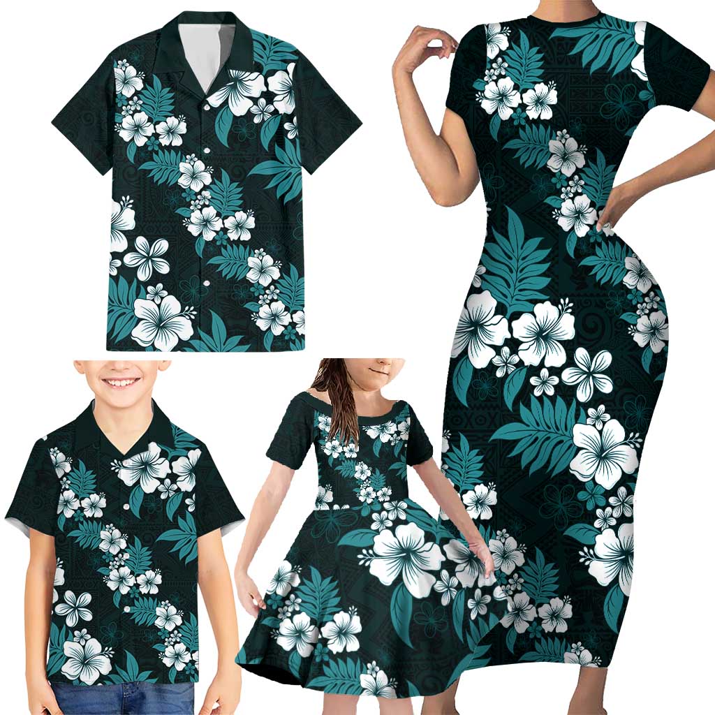 Hawaiian Hibiscus Tribal Floral Teal Family Matching Short Sleeve Bodycon Dress and Hawaiian Shirt Polynesian Tapa Pattern - Polynesian Pride
