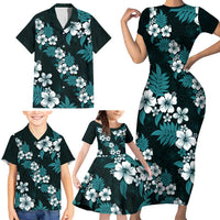 Hawaiian Hibiscus Tribal Floral Teal Family Matching Short Sleeve Bodycon Dress and Hawaiian Shirt Polynesian Tapa Pattern - Polynesian Pride