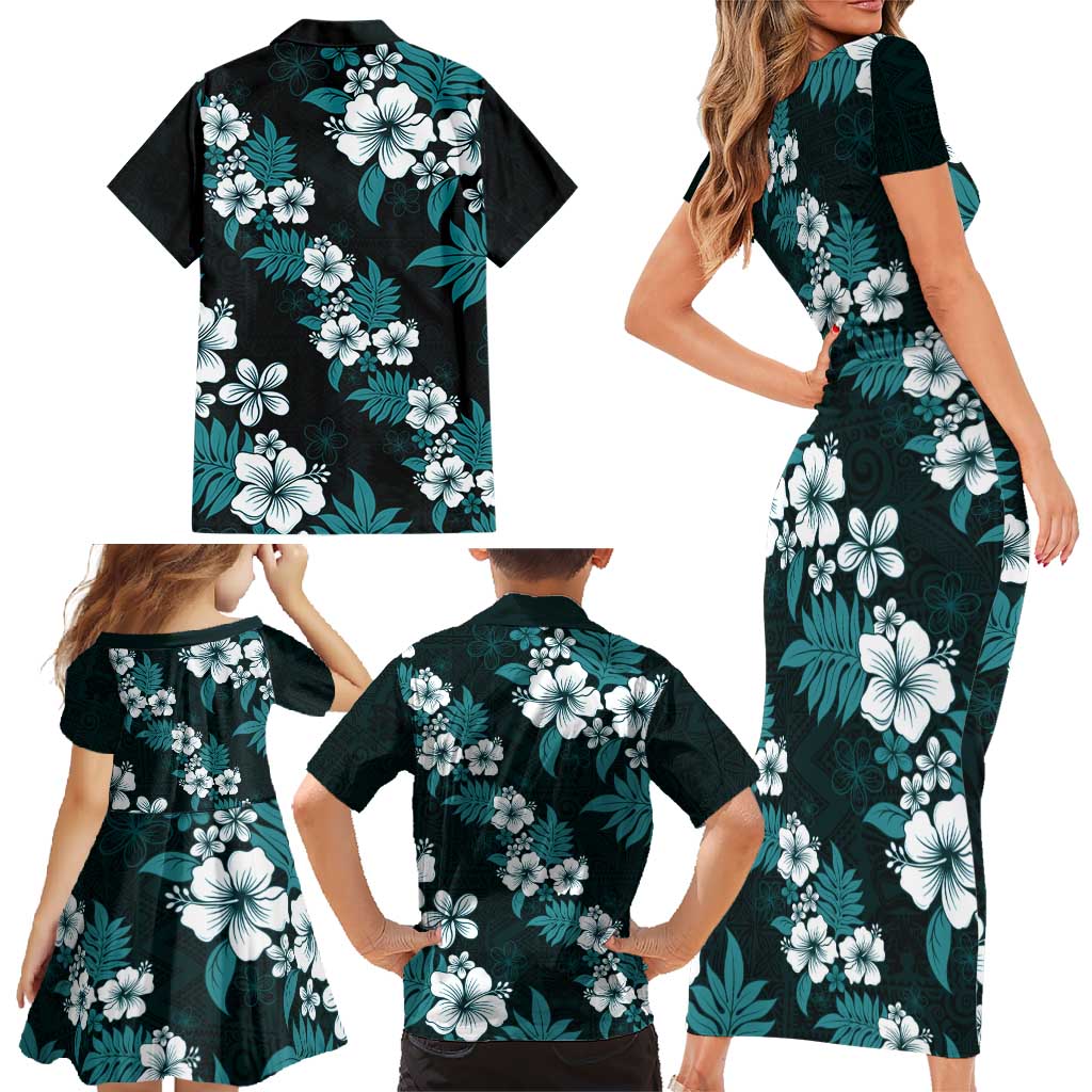 Hawaiian Hibiscus Tribal Floral Teal Family Matching Short Sleeve Bodycon Dress and Hawaiian Shirt Polynesian Tapa Pattern - Polynesian Pride