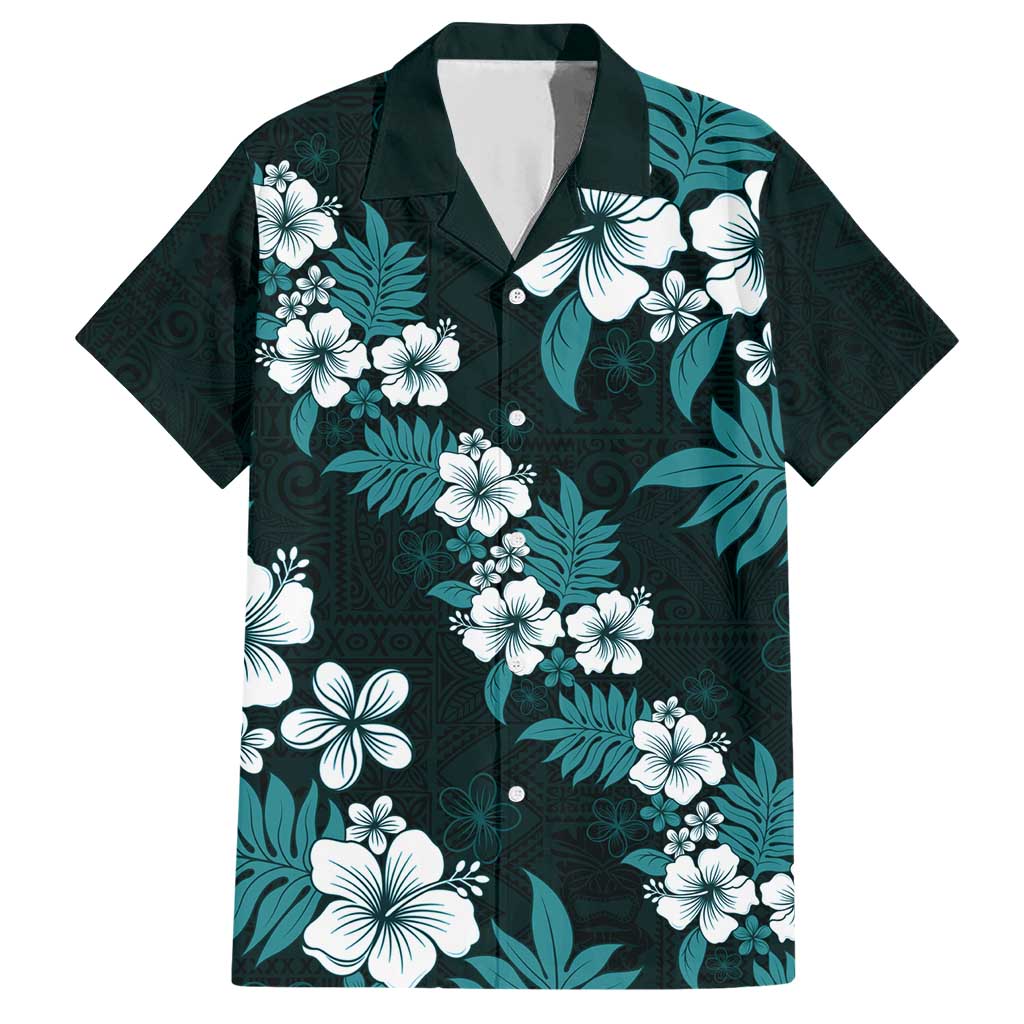 Hawaiian Hibiscus Tribal Floral Teal Family Matching Short Sleeve Bodycon Dress and Hawaiian Shirt Polynesian Tapa Pattern - Polynesian Pride