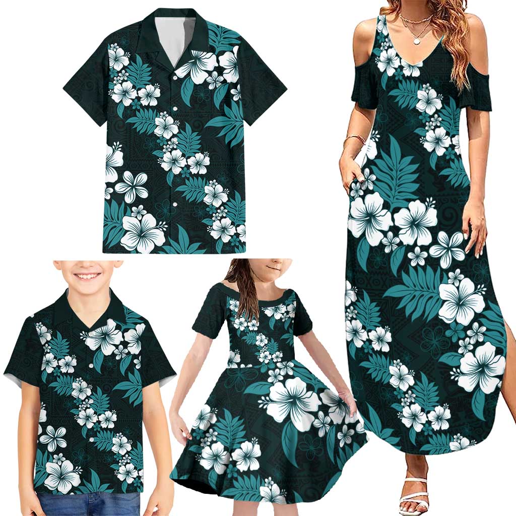 Hawaiian Hibiscus Tribal Floral Teal Family Matching Summer Maxi Dress and Hawaiian Shirt Polynesian Tapa Pattern - Polynesian Pride