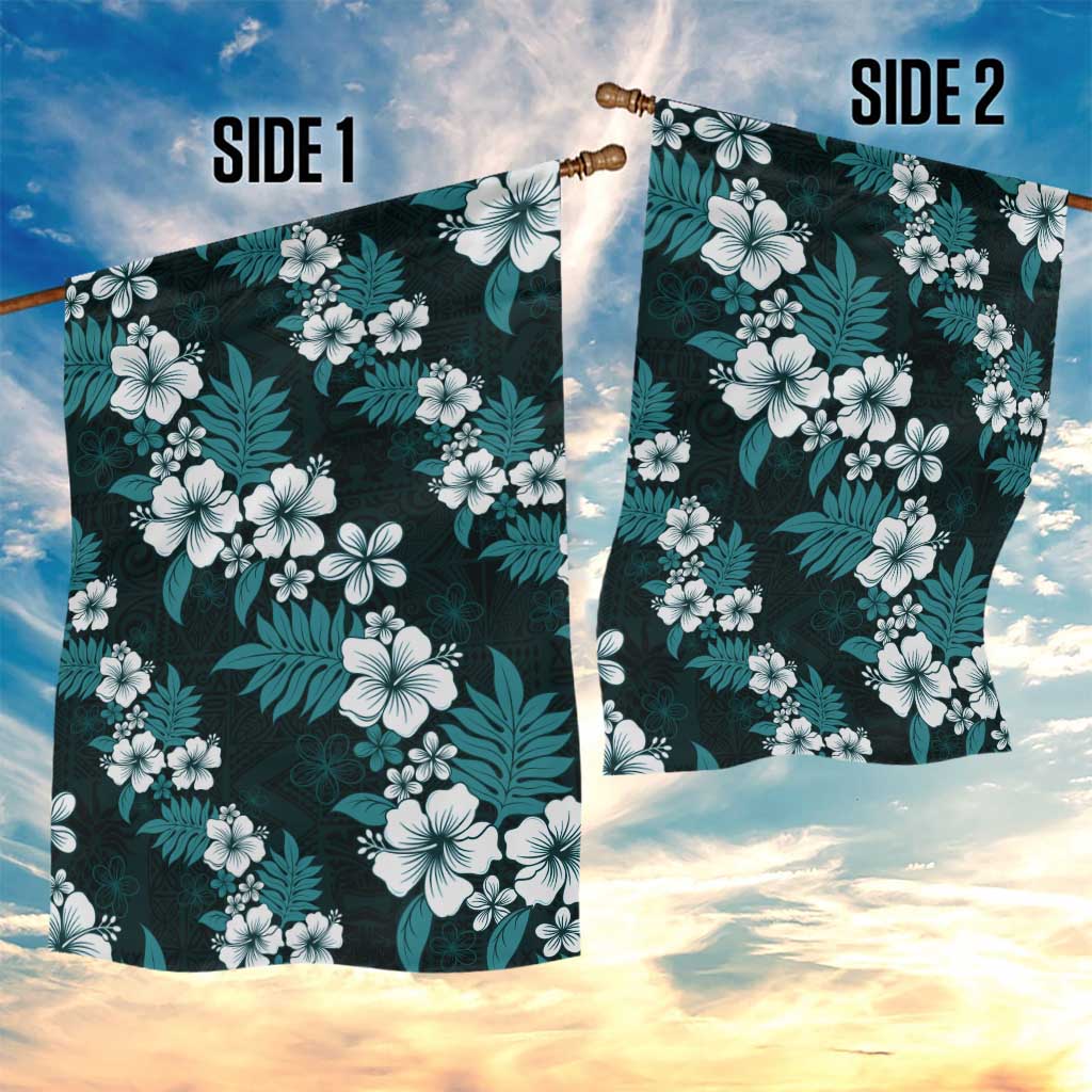 Hawaiian Hibiscus Tribal Floral Teal Garden Flag Polynesian Tapa Pattern - Polynesian Pride