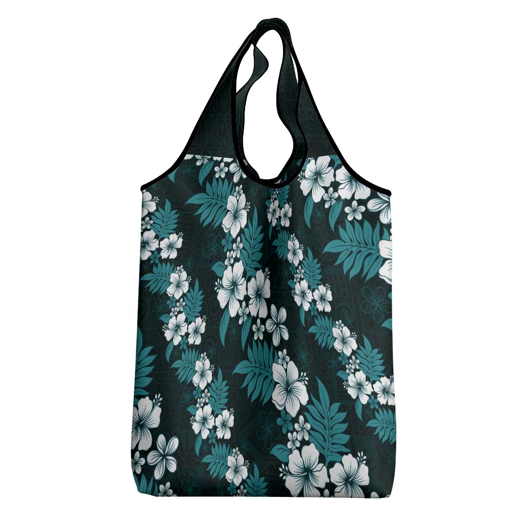 Hawaiian Hibiscus Tribal Floral Teal Grocery Bag Polynesian Tapa Pattern - Polynesian Pride
