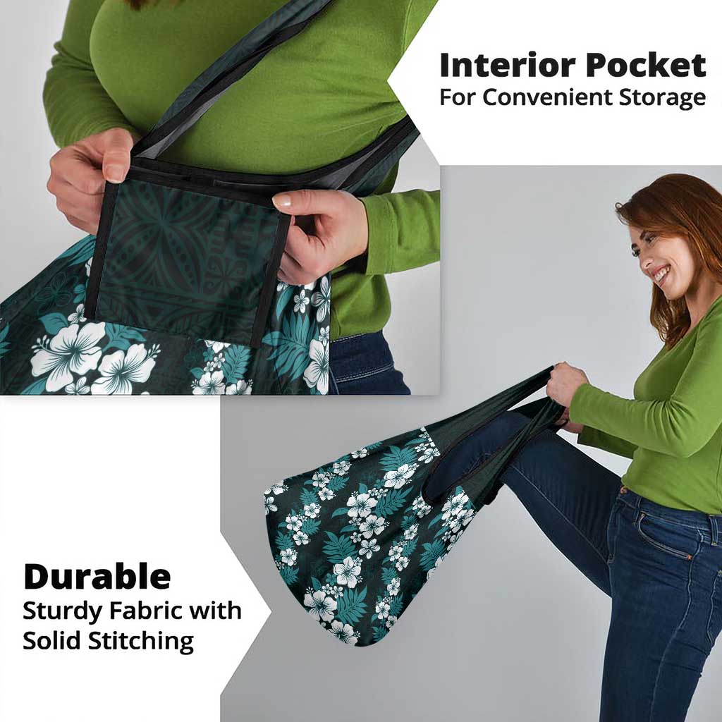 Hawaiian Hibiscus Tribal Floral Teal Grocery Bag Polynesian Tapa Pattern - Polynesian Pride