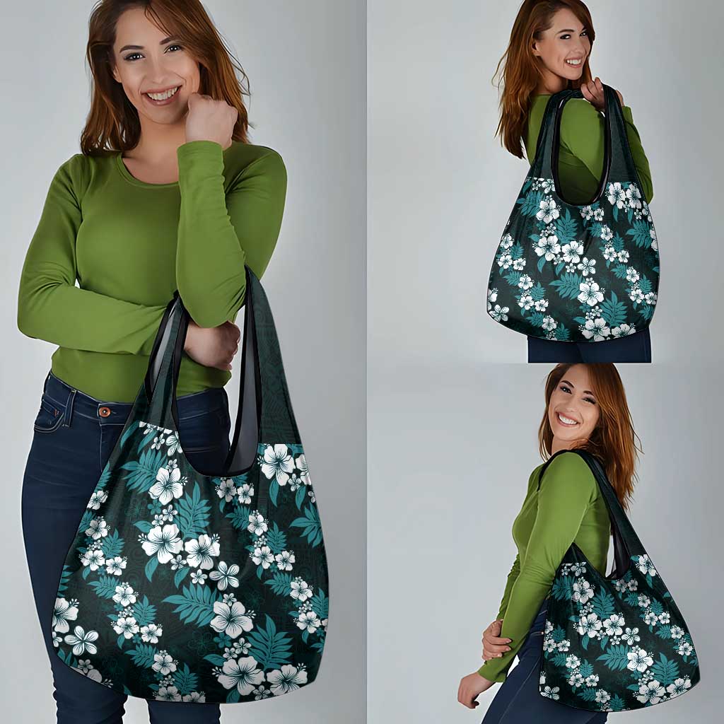 Hawaiian Hibiscus Tribal Floral Teal Grocery Bag Polynesian Tapa Pattern - Polynesian Pride