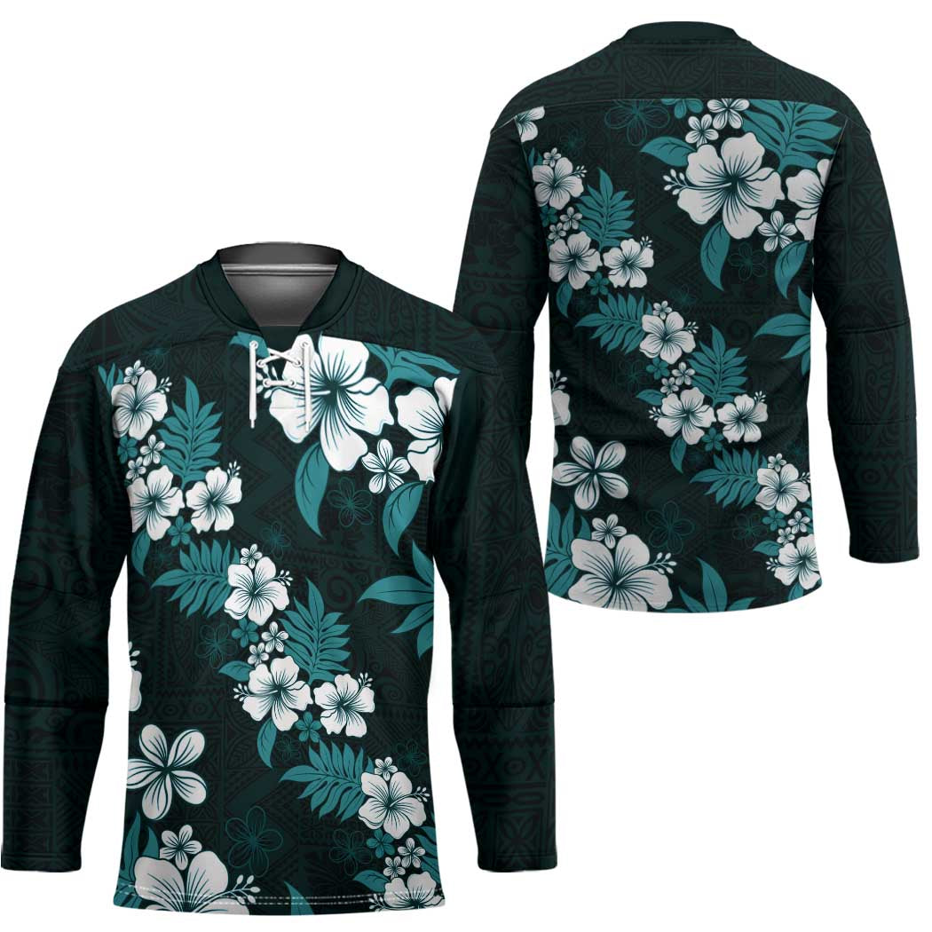Hawaiian Hibiscus Tribal Floral Teal Hockey Jersey Polynesian Tapa Pattern - Polynesian Pride