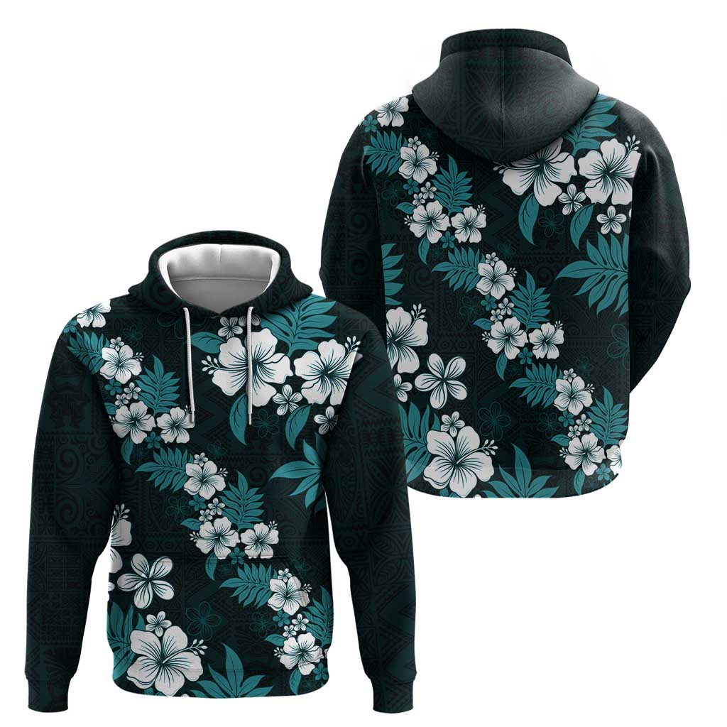 Hawaiian Hibiscus Tribal Floral Teal Hoodie Polynesian Tapa Pattern - Polynesian Pride