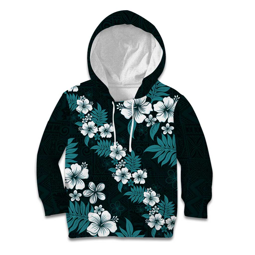 Hawaiian Hibiscus Tribal Floral Teal Kid Hoodie Polynesian Tapa Pattern - Polynesian Pride