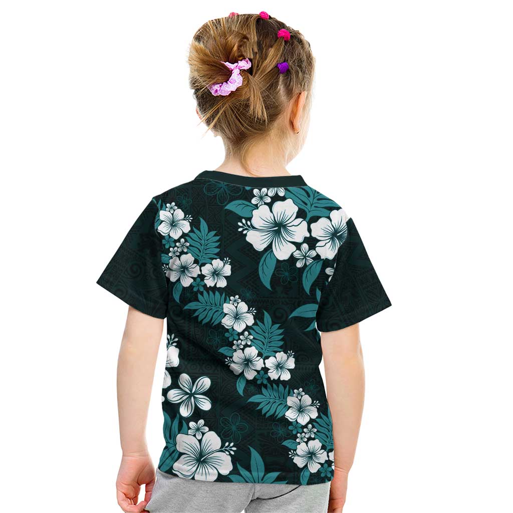 Hawaiian Hibiscus Tribal Floral Teal Kid T Shirt Polynesian Tapa Pattern - Polynesian Pride