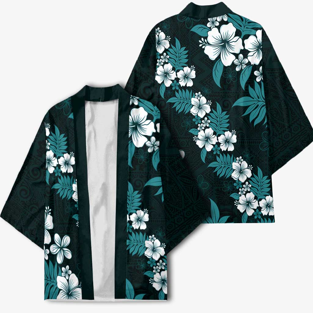 Hawaiian Hibiscus Tribal Floral Teal Kimono Polynesian Tapa Pattern - Polynesian Pride