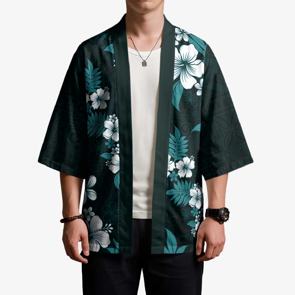 Hawaiian Hibiscus Tribal Floral Teal Kimono Polynesian Tapa Pattern - Polynesian Pride