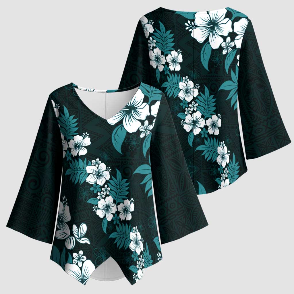 Hawaiian Hibiscus Tribal Floral Teal Kimono Sleeve Blouse Polynesian Tapa Pattern - Polynesian Pride