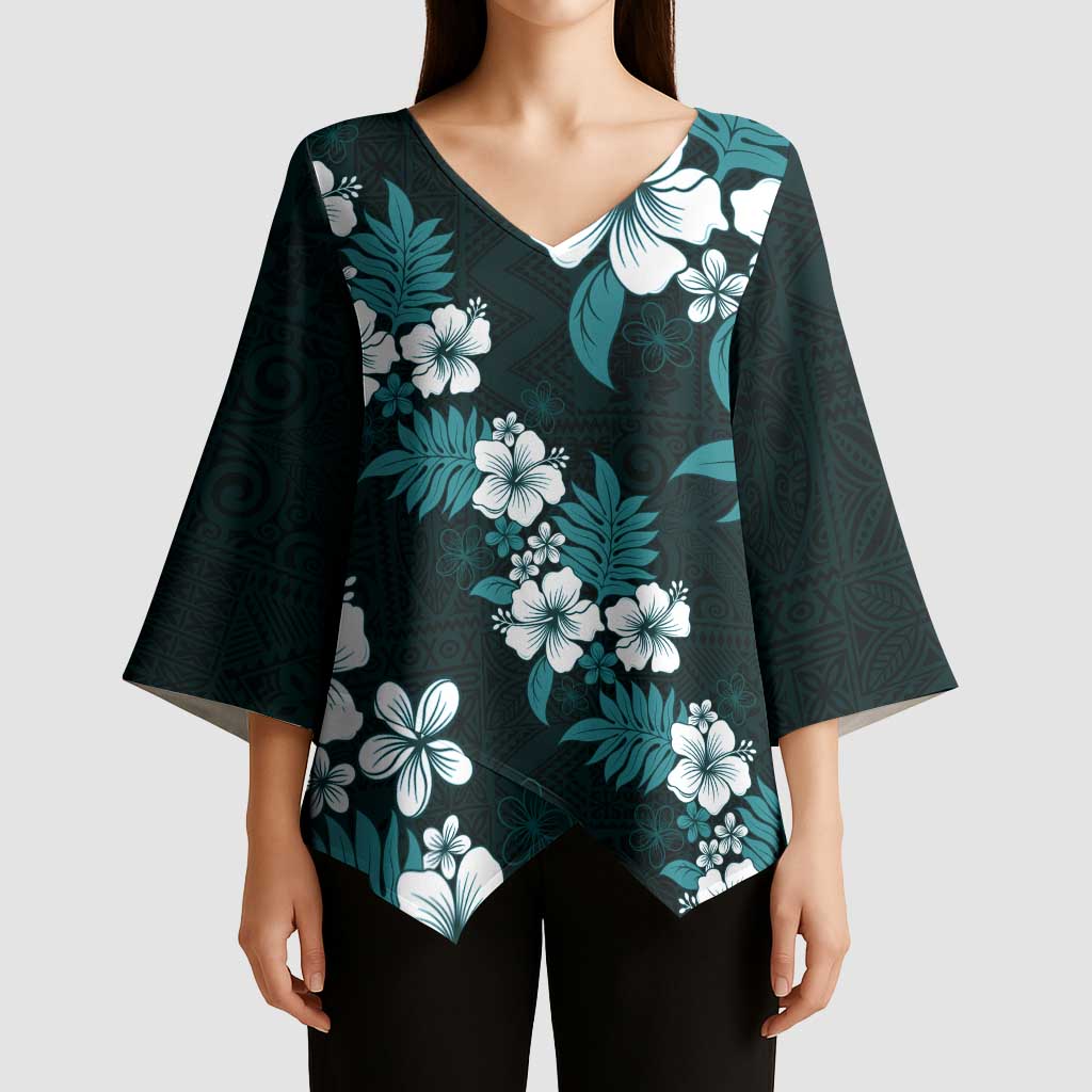 Hawaiian Hibiscus Tribal Floral Teal Kimono Sleeve Blouse Polynesian Tapa Pattern - Polynesian Pride