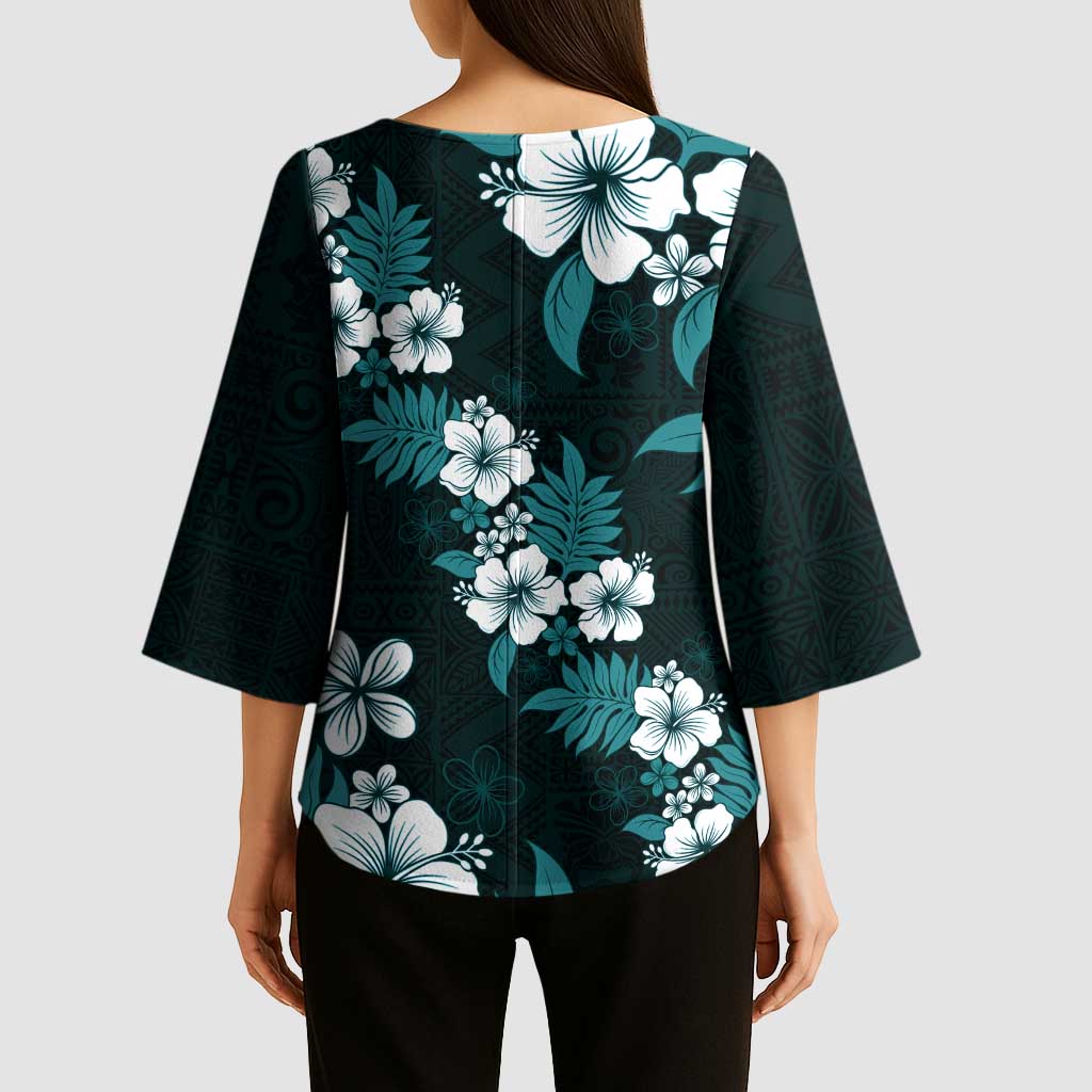 Hawaiian Hibiscus Tribal Floral Teal Kimono Sleeve Blouse Polynesian Tapa Pattern - Polynesian Pride