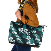 Hawaiian Hibiscus Tribal Floral Teal Leather Tote Bag Polynesian Tapa Pattern - Polynesian Pride