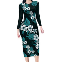 Hawaiian Hibiscus Tribal Floral Teal Long Sleeve Bodycon Dress Polynesian Tapa Pattern - Polynesian Pride